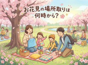 満開の桜の木の下で家族4人でレジャーシートを広げてランチの準備をしているイラスト画像