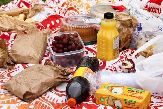 レジャーシートの上で食べ物や飲み物が並んでいる様子の画像